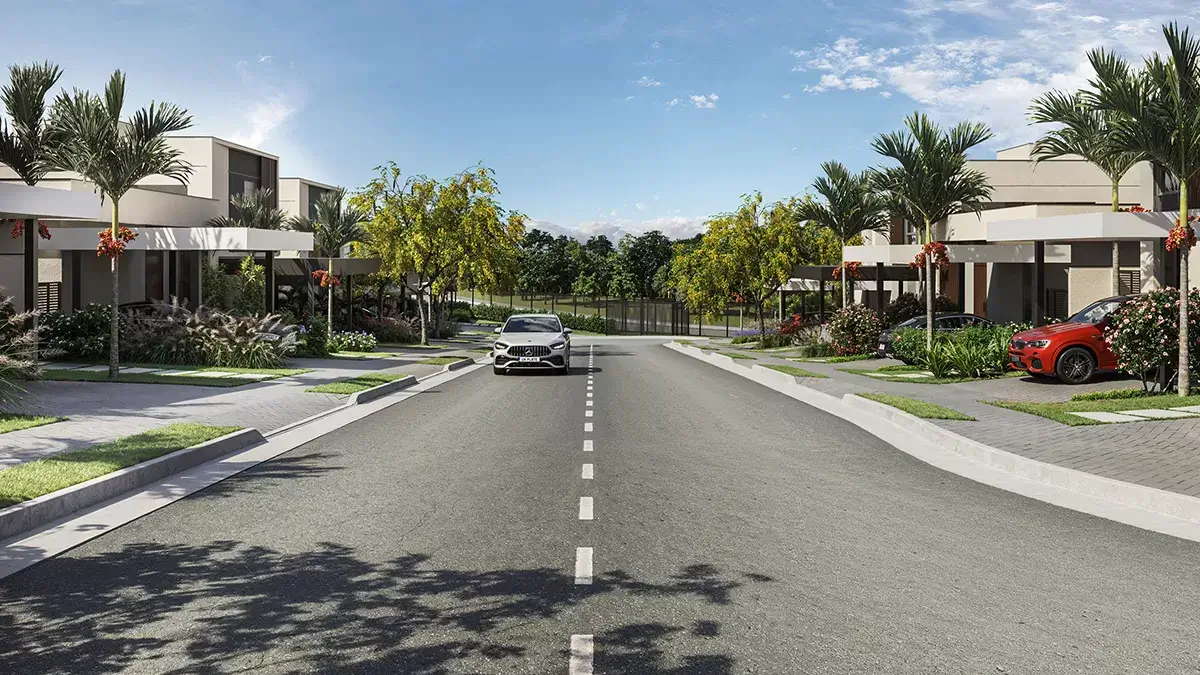 Casa Bella Parque Alphaville Campinas — alameda interna com casas e sobrados