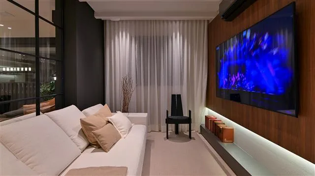 Belgravia Campinas — living integrado à varanda do apartamento decorado