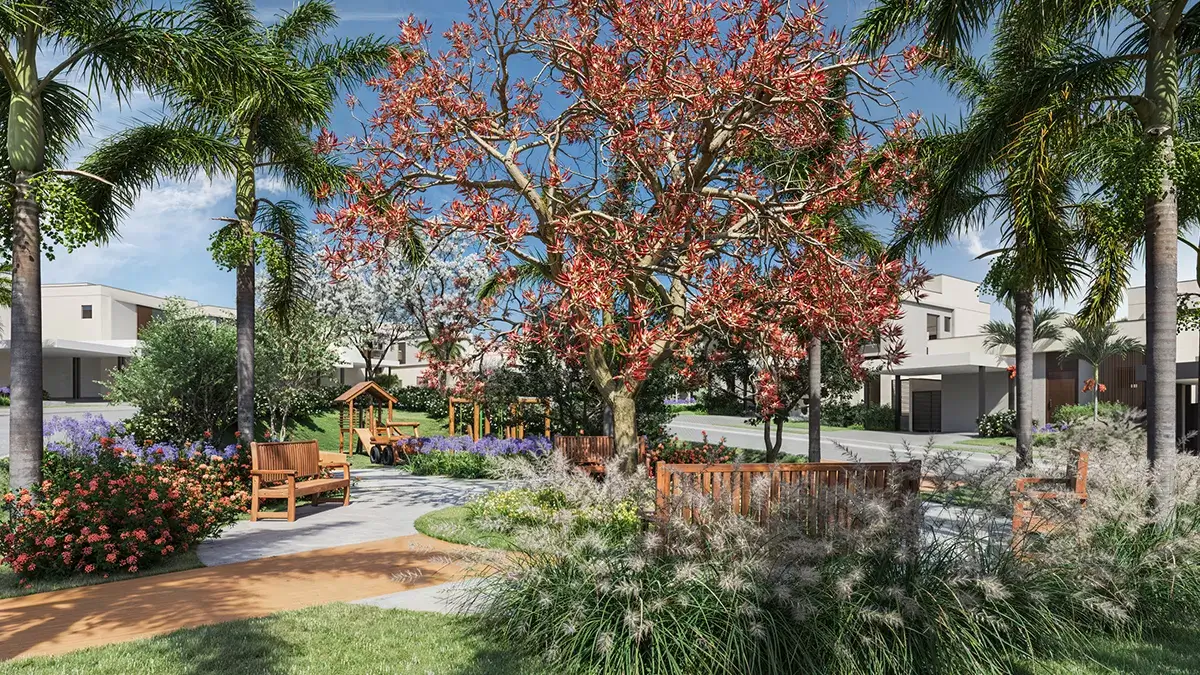 Casa Bella Parque Alphaville Campinas — praça arborizada entre as casas