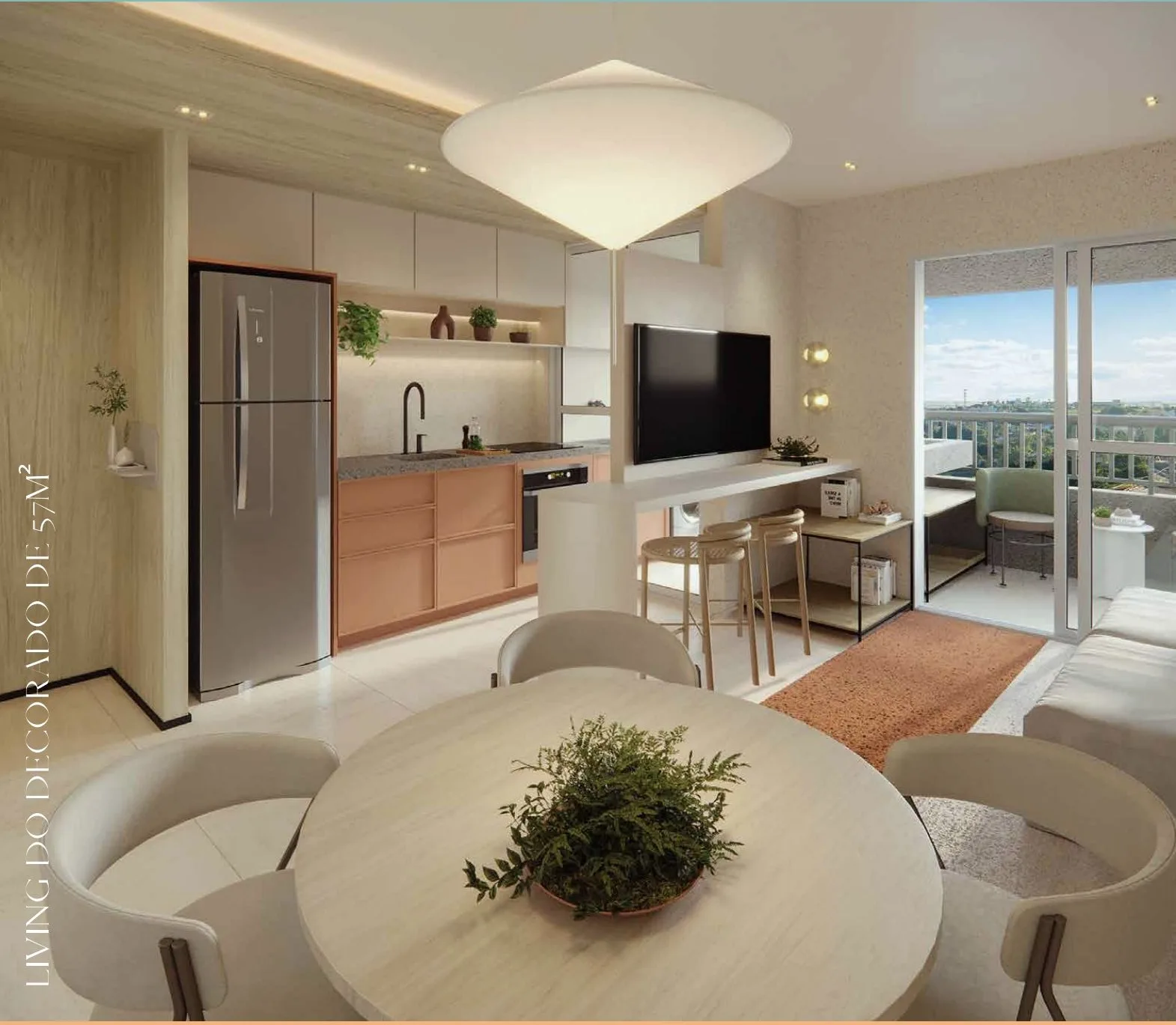 Lazur Mansões Campinas — living integrado do apartamento decorado de 57 m² no Mansões Santo Antônio, em Campinas