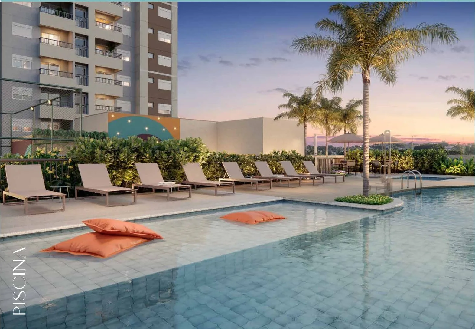 Lazur Mansões Campinas — piscina com raia de 20 metros e solário do condomínio no Mansões Santo Antônio, em Campinas