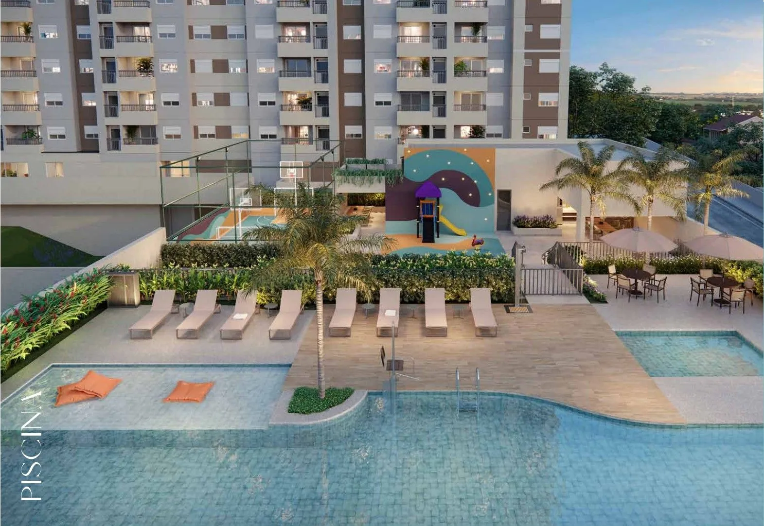 Lazur Mansões Campinas — piscina do condomínio ao pôr do sol no Mansões Santo Antônio, em Campinas