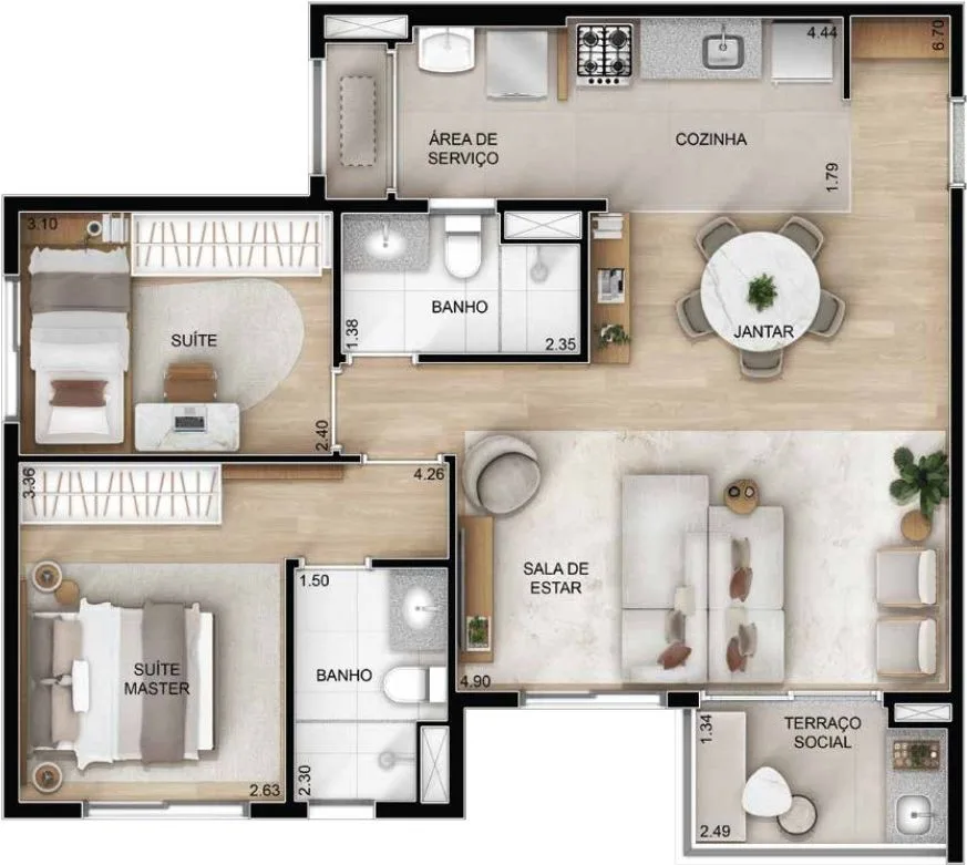 Lazur Mansões Campinas — planta opção sala ampliada do apartamento de 70 m² no Mansões Santo Antônio, em Campinas