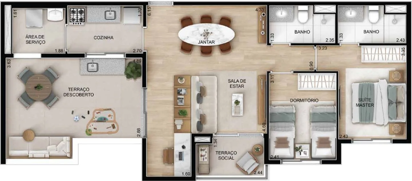 Lazur Mansões Campinas — planta de apartamento com terraço descoberto no Mansões Santo Antônio, em Campinas