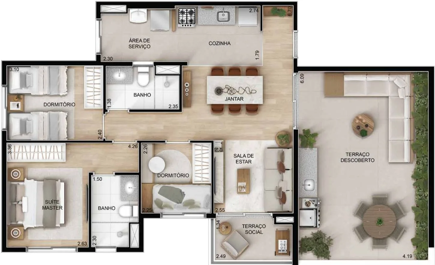 Lazur Mansões Campinas — planta ampliada de apartamento com terraço descoberto no Mansões Santo Antônio, em Campinas