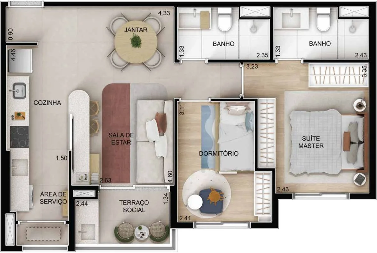 Lazur Mansões Campinas — planta do apartamento de 57 m² com 2 dormitórios e suíte no Mansões Santo Antônio, em Campinas