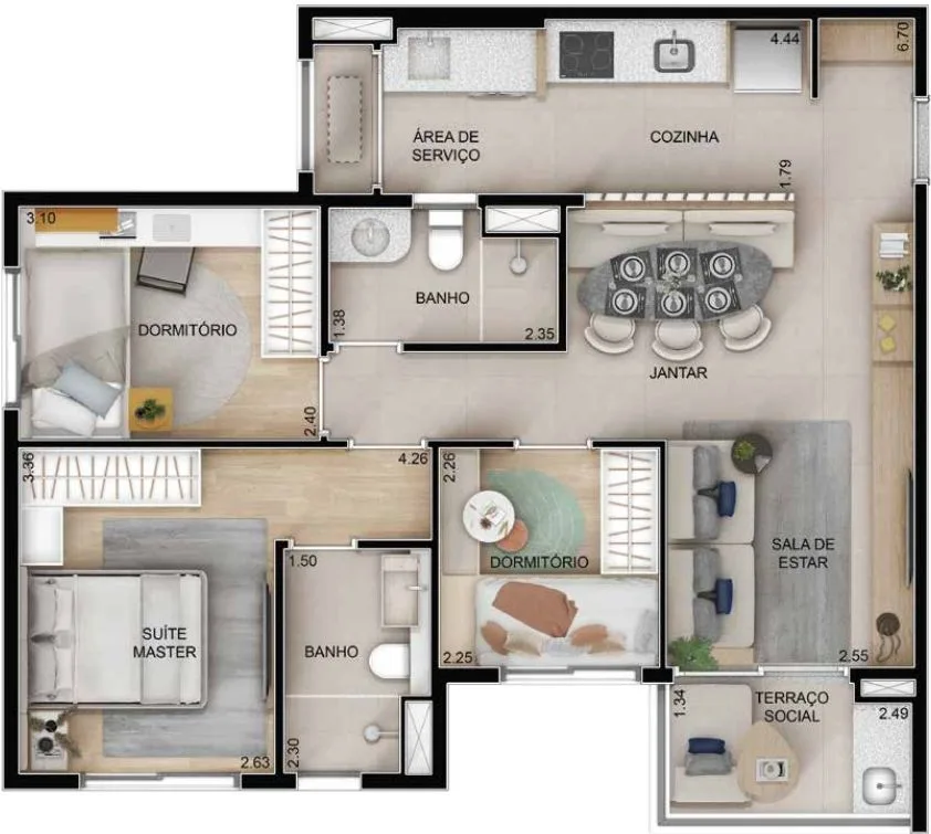 Lazur Mansões Campinas — planta do apartamento de 70 m² com 3 dormitórios e suíte no Mansões Santo Antônio, em Campinas